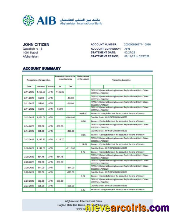 Afghanistan International Bank (AIB) bank statement in Excel and PDF format